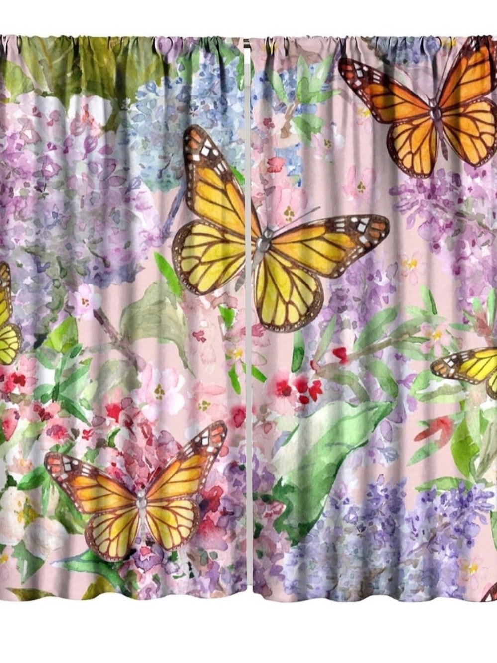 Butterfly Garden Floral Curtains - Yellow Butterflies on Pink